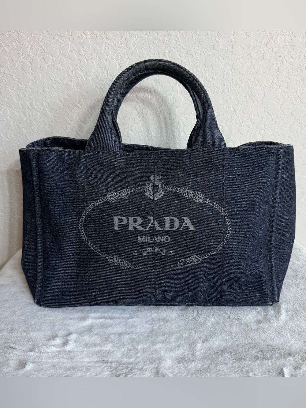 Authentic Prada Black - Gray Denim Canapa Logo Two-Way Tote Bag P0340